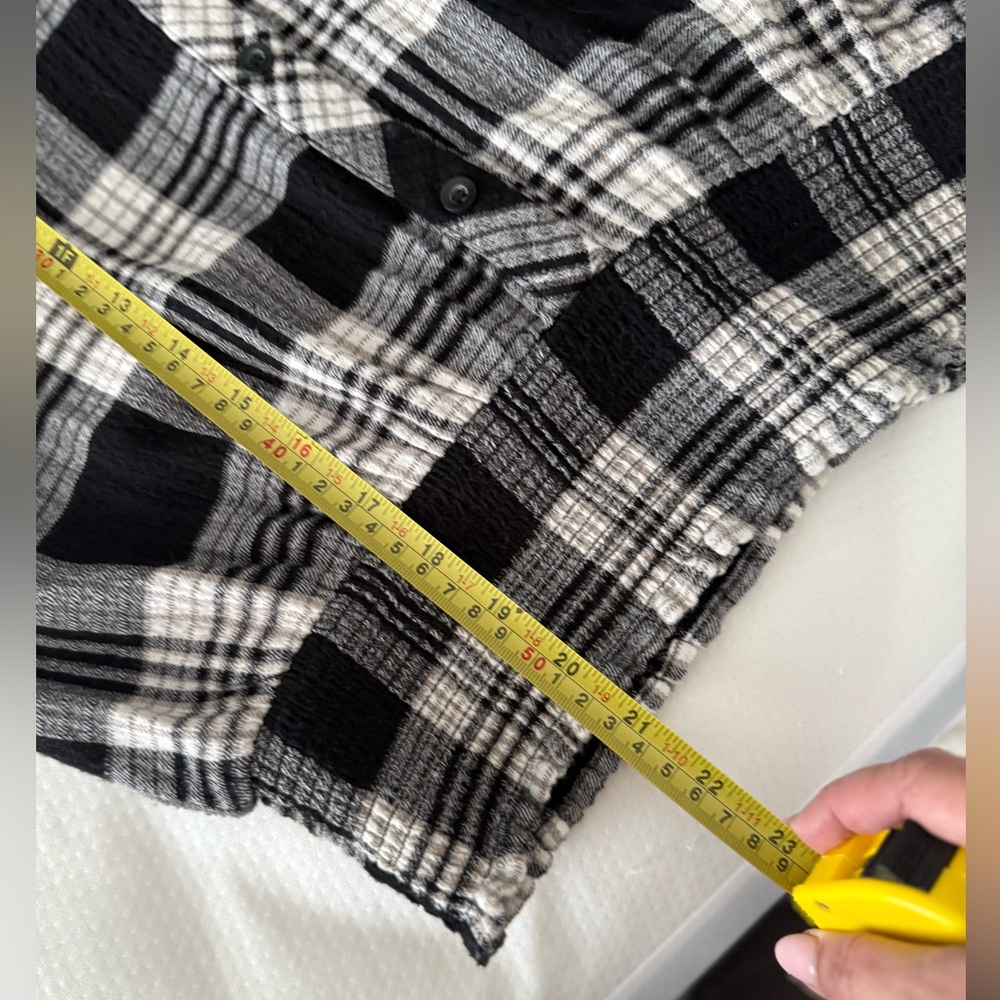 1. State Black & lvory Plaid Smocked Waist Blouse Cropped Button Front - Picture 13 of 14